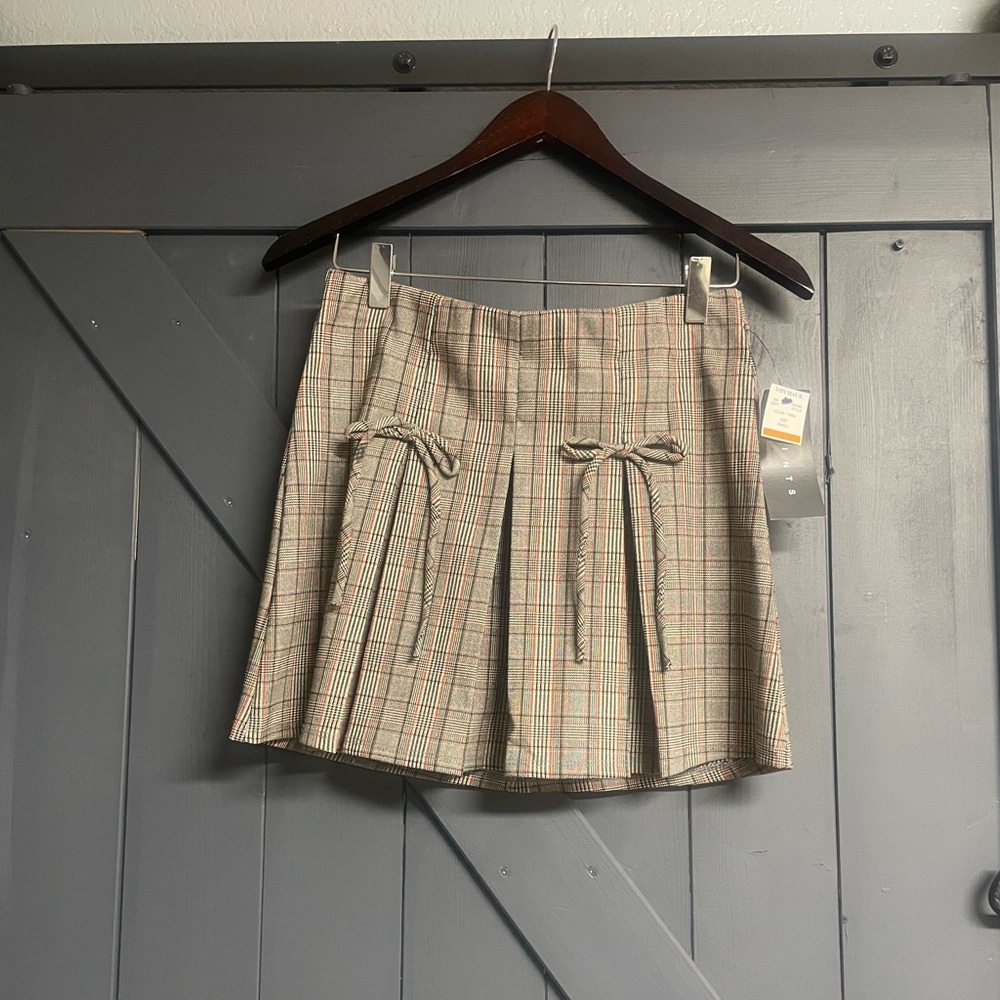 Plaid Mini Skirt with Front Bows - Beige Plaid